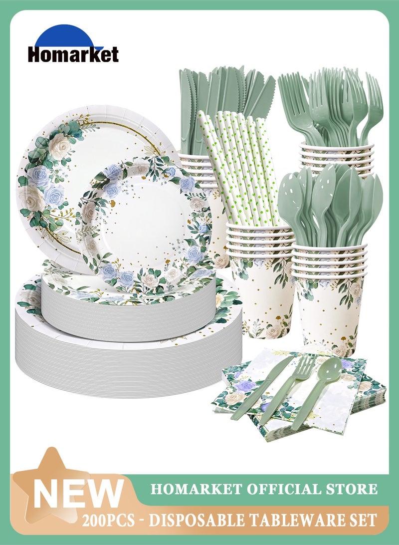 هومار كيت طقم أدوات مائدة للاستخدام مرة واحدة مكون من 200 قطعة، يتسع لـ 25 ضيفاً، يشمل أطباقاً ورقية، مناديل، أكواب، شفاطات، ملاعق بلاستيكية، شوك، وسكاكين، مناسب لحفلات استقبال المولود، وحفلات الزفاف، وأعياد الميلاد (بتصميم أنيق من الأوراق والزهور). - Image 1